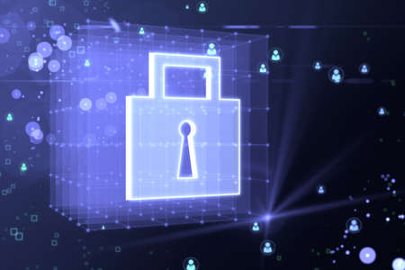 Creative glowing padlock grid hologram on blurry bokeh background. Secure, safety and web protection...