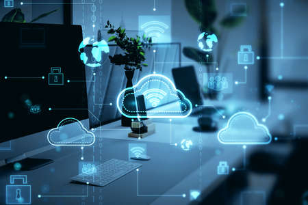 Close up of creative designer workplace with computer monitor and digital cloud computing hologram on blurry background. Cloud data and service concept. 3D Renderingの写真素材