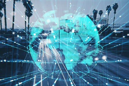Abstract globe hologram with connections on blurry city background. Digital transformation, global...
