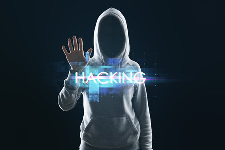 Hacker using abstract creative glowing big data glitch background. Hacking and theft concept. Unique...