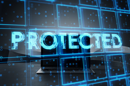 Close up of notebook computer with creative blue cubes protected text hologram on blurry background....