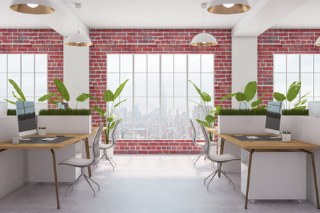 Modern concrete, brick and wooden coworking office interior with empty computer monitor, partitions, furniture, decorative plant in flowerpot and window with city view and daylight. 3D Renderingの写真素材