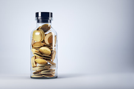Abstract 3d rendering of glass bottle with golden dollar coins on white background with mock up place. Bank, cash, investing and savings conceptの写真素材