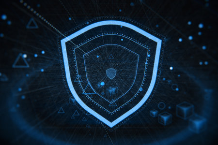 Creative glowing shield hologram on blue backdrop with various blurry icons. Cyber security, data protection concept. Modern wireframe design. 3D Renderingの写真素材