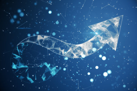 Glowing polygonal arrow on blurry blue background. Business, finance, career or other growth concept. 3D Renderingの写真素材