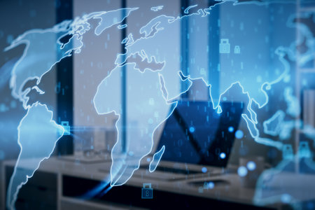 Creative glowing ecryption map hologram with padlock icons on blurry office interior background....