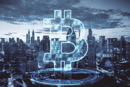 Creative glowing bitcoin hologram on blurry city background. Cryptocurrency, finance and tech concept. double exposureの写真素材