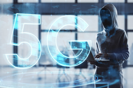 Hacker using laptop with abstract glowing 5G hologram on blurry office interior background. Mobile internet speed, hacking, data theft, communication and technology concept. double exposureの写真素材