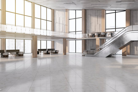 Contemporary concrete two floors open space interior with escalator, panoramic windows and...