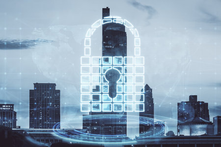 Abstract glowing padlock hologram on blurry city background. Secure, safety and data protection concept. double exposureの写真素材