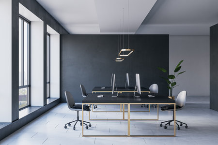 Modern meeting room office interior with furniture, computers, window with city view. Workplace, law and legal concept. 3D Renderingの写真素材