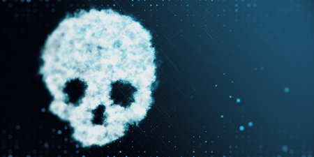 Abstract digital cloud skull on blue background with mock up place. Scary image and disaster...