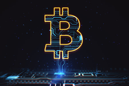 Cryptocurrency and blockchain concept with digital yellow bitcoin symbol connected to blue circuit on abstract dark background. 3D renderingの写真素材
