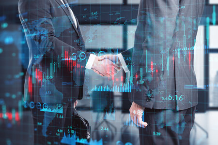 Global business concept with growing market screen, graphs and world map on businessmen handshake...