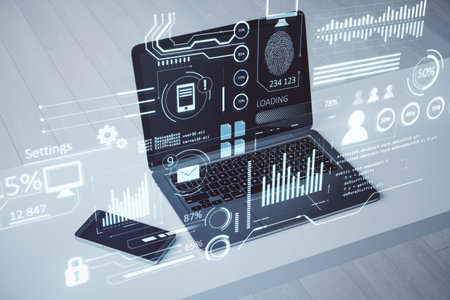 Close up of desktop with laptop, smartphone and creative glowing business chart interface hologram...