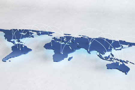 Social network and internet connection concept with white arrow lines over blue graphic world map on...