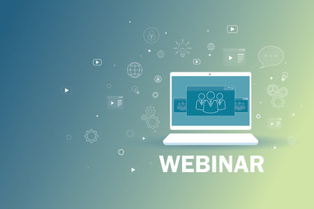 Online seminar concept with webinar sign under white graphic laptop screen with user icons on light background with social media icons. 3D renderingの写真素材