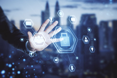 Close up of business man hand using abstract glowing padlock hologram on blurry city background....