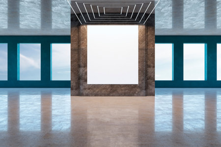 Front view on blank white poster with place for your logo or text on dark brown stone partition in empty area with blue sky view from windows and glossy marble floor. 3D renderingの写真素材