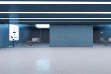 Bright blue blurry glass office interior with mock up place on empty concrete wall. 3D Renderingの写真素材