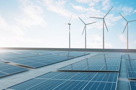 Green and eco energy concept with solar panels and wind turbines on blue sky background. 3D renderingの写真素材