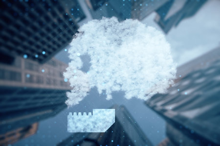 Abstract digital cloud skull on blue background. Cloud computing, hacking and data theft concept. 3D Renderingの写真素材