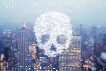 Abstract digital cloud skull on blue background. Cloud computing, hacking and data theft concept. 3D Renderingの写真素材