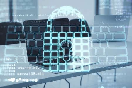 Close up of notebook computer on desktop with abstract glowing secure web keyboard safety and...