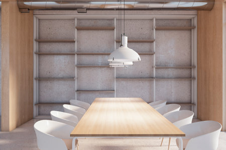 Modern concrete and light wooden industrial style meeting room interior. Workplace and presentation concept. 3D Renderingの写真素材