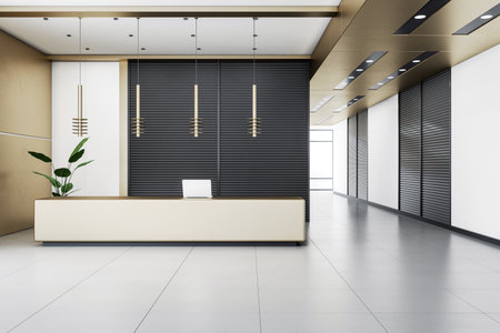 Front view on modern reception area with white and black wall background, beige desk with laptop in spacious office with light gray floor and golden decor details. 3D renderingの写真素材