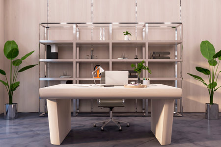 Sunlit office cabinet eco interior design with modern light wooden table with laptop, metallic rack with decor details and green plants on dark glossy floor. 3D renderingの写真素材