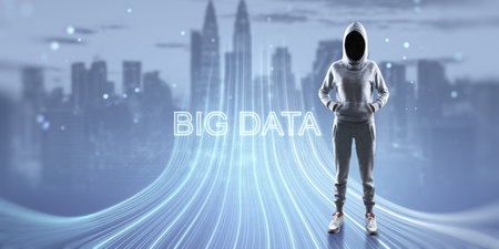 Hacker with abstract glowing big data or metaverse hologram on blurry city background. Future and digital world concept. double exposureの写真素材