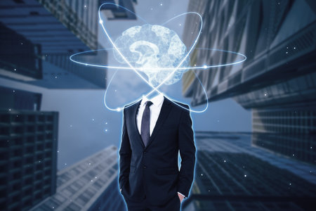 Creative blue atom brain head businessman on blurry city background. Neurology, anatomy, ai and machine learning conceptの写真素材