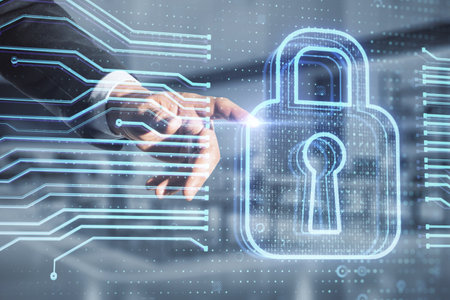 Close up of man hand pointing at abstract glowing secure web safety and protection hologram on blurry office interior background. double exposureの写真素材