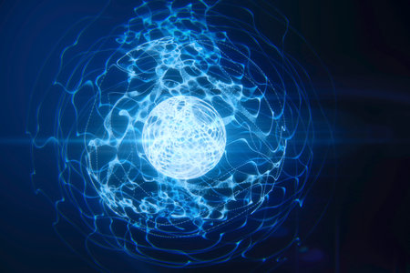 Glowing blue linear sphere on blurry backdrop. Geometric cyberspace, network and future concept. 3D...