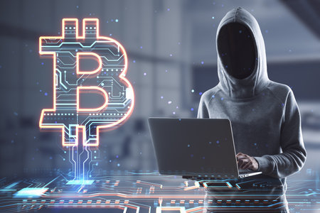 Cryptocurrency theft and exchange concept with glowing digital bitcoin sign with micro circuit on...