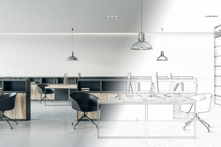 Luxury office interior half sketch. Designer interiors and blueprint concept. 3D Renderingの写真素材