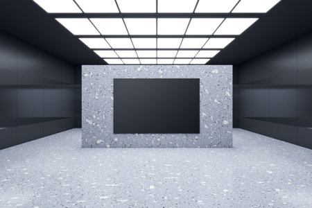 Front view on blank black poster with place for your logo or text on light gray stone partition in abstract empty room with black walls. 3D rendering, mock upの写真素材