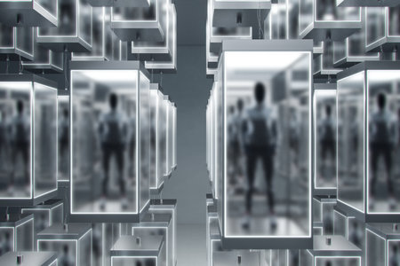 Bio tech and artificial intelligence concept with biorobots in transparent glass boxes on abstract gray background. 3D renderingの写真素材