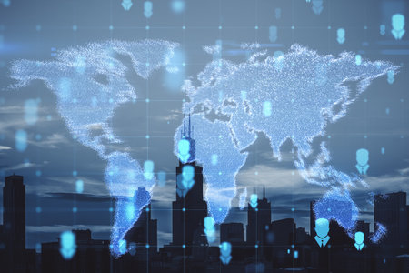 Abstract glowing map hologram on blurry city texture. Digital world, transformation and future cyber...