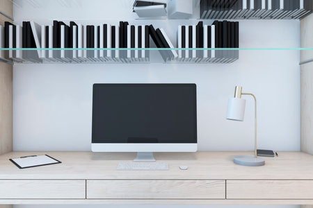 Close up of designer desktop with empty computer screen, bookshelves, supplies and light wall background. Mockup, 3D Renderingの写真素材