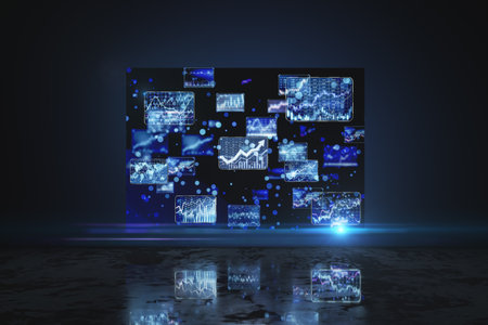 Close up of laptop screen with glowing blue forex graphs on dark background with reflections. Finance and trade concept. 3D Renderingの写真素材