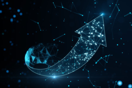 Idea and successful decision concept with digital graphic arrow upwards consisting of glowing lights and lines on dark universe background. 3D renderingの写真素材