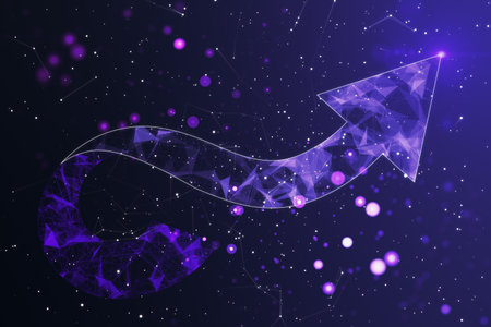 Growth, success and technological progress concept with purple wavy arrow on abstract dark space...