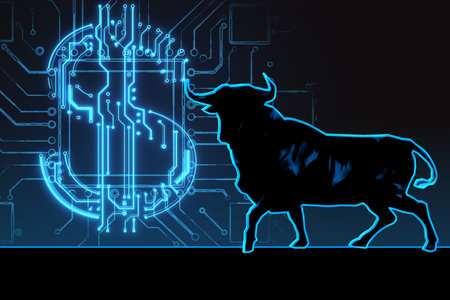 Going high dollar market and bullish trend concept with digital bull silhouette on dark blue background, graphs and indicators. 3D renderingの写真素材