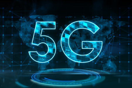 Fast speed connection and modern technologies concept with digital 5G symbol above blue circle on dark background with world map silhouette. 3D renderingの写真素材