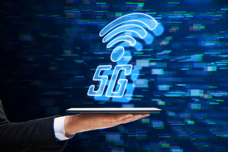 Close up of male hand holding cellphone with 5G glitchy icon hologram on blurry background. 5th Generation Wireless Internet Network connection information technology illustration. mobile devices telecommunications business web networkingの写真素材