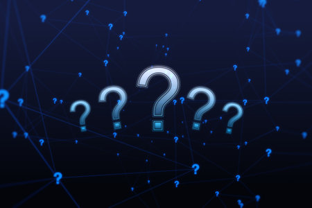 Education and support help concept with digital blue question marks on dark background. 3D rendering