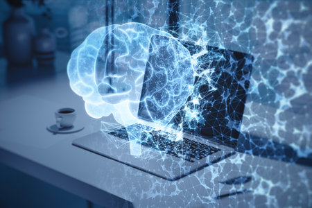 Close up of workspace with computer and abstract glowing polygonal human brain hologram on blurry...
