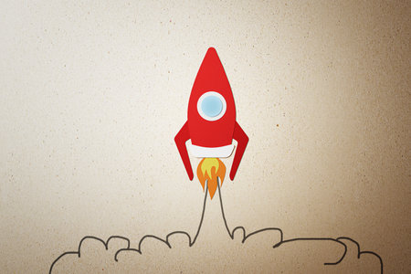Creative image of red rocket sketch flying up on light background. Start up and business ideas concept. 3D Renderingの写真素材